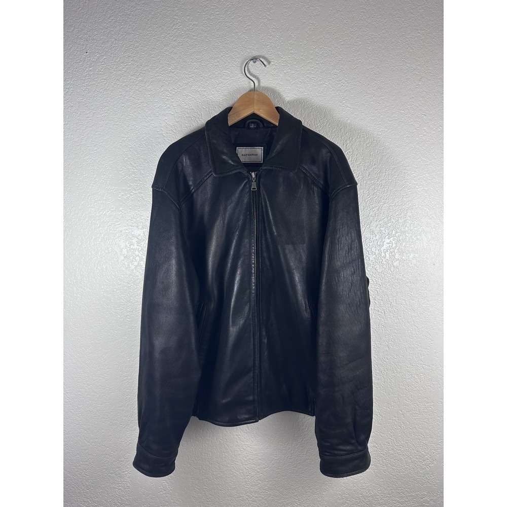 Hathaway Leather Jacket Mens Large Black Full Zip Bomber Casual Coat Vintage